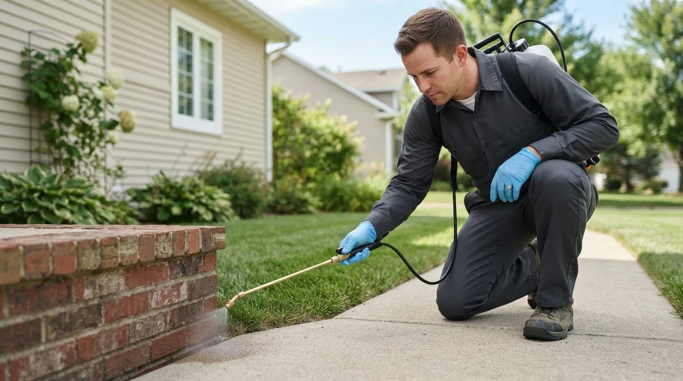 Pest control technician treating a home near Gary, IN